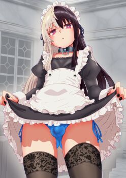 Rule 34 | 1boy, absurdres, apron, black choker, black dress, black hair, black nails, blonde hair, blue panties, bulge, choker, clothes lift, commentary request, crossdressing, crossdressing (mtf), dress, dress lift, highres, kiyumoto7802, lace, lace thighhighs, lifting own clothes, long hair, looking at viewer, maid, maid apron, maid headdress, male focus, multicolored hair, nail polish, original, panties, parted lips, purple eyes, side-tie panties, solo, split-color hair, thighhighs, trap, underwear, white apron, white headdress