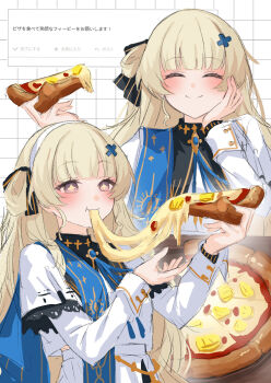 +_+ 1girl black_collar blonde_hair blue_sash blush cheese cheese_trail closed_mouth collar commentary_request eating fan_request food grid_background hair_ornament hairband hand_on_own_face happy highres holding holding_food holding_pizza kuramoto_beta-carotene long_hair multiple_views no_gloves no_headwear odaibako phoebe_(wuthering_waves) pineapple_on_pizza pizza purple_eyes request_inset sash shirt smile translation_request white_background white_hairband white_shirt wuthering_waves x_hair_ornament
