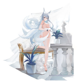1girl absurdres animal_ear_fluff animal_ears ass azur_lane bare_shoulders bikini blue_eyes breasts bridal_gauntlets commentary_request elbow_gloves fox_ears fox_girl fox_tail from_behind full_body gloves grey_hair highres kitsune kyuubi large_breasts looking_at_viewer multiple_tails shinano_(azur_lane) simple_background solo standing standing_on_one_leg suo_bu_ye_feng swimsuit tail thighhighs white_background white_bikini white_gloves white_tail white_thighhighs