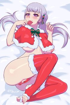 1girl black_clover blush breast_peek breasts christmas condom condom_in_mouth female_focus highres hito_clover large_breasts mouth_hold noelle_silva pussy pussy_peek red_thighhighs ribbon solo teasing twintails