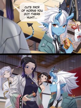 1boy 4girls ^^^ artist_name black_necktie blue_horns blue_skin burger butterfly_hair_ornament character_request colored_skin commentary copyright_request crossover cup demon_slayer_uniform drinking_straw earrings eating elf english_commentary food frieren green_eyes green_jacket grey_hair hair_ornament highres holding holding_burger holding_food holding_sword holding_weapon horns indoors jacket japanese_clothes jewelry katana kimetsu_no_yaiba kochou_shinobu long_sleeves looking_at_another multiple_girls necktie oni pocky pointy_ears purple_eyes purple_hair rappa_(sirrappa) red_eyes shirt short_hair sitting soukaku_(zenless_zone_zero) sousou_no_frieren sword table tail twintails weapon white_hair white_shirt wise_(zenless_zone_zero) zenless_zone_zero