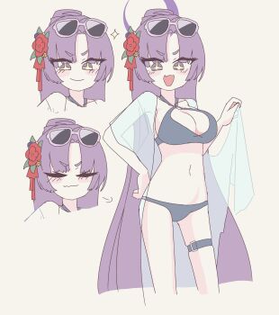 Rule 34 | + +, 1girl, :d, absurdres, adjusting eyewear, bikini, black bikini, blue archive, blush, bracelet, breasts, cleavage, closed eyes, closed mouth, collarbone, cowboy shot, curtained hair, eyewear on head, fingernails, flower, hair flower, hair ornament, halo, hand on own hip, hand up, highres, holding, holding shirt, holding unworn clothes, jewelry, large breasts, long hair, multiple expressions, multiple views, navel, o-ring, o-ring bikini, o-ring thigh strap, o-ring top, official alternate costume, ojibi, open clothes, open mouth, open shirt, pink-framed eyewear, purple eyes, purple halo, red flower, shirt, smile, solo, standing, stomach, swimsuit, thigh strap, tinted eyewear, toenails, unworn shirt, v-shaped eyebrows, very long hair, white shirt, yukari (blue archive), yukari (swimsuit) (blue archive)