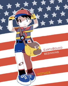 Rule 34 | 1boy, adjusting clothes, adjusting headwear, american flag, bandaid, bandaid on knee, bandaid on leg, baseball cap, black socks, blue shoes, blue shorts, copyright name, fingerless gloves, franklin badge, full body, gloves, hat, male focus, mother (series), mother 1, ninten, nintendo, pac-man eyes, red hat, shirt, shoes, short hair, shorts, smile, sneakers, socks, striped clothes, striped shirt, tanba (tanba-art), yellow bag, yellow gloves