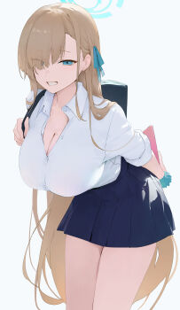 1girl absurdres aqua_eyes asuna_(blue_archive) asuna_(school_uniform)_(blue_archive) asymmetrical_bangs bag bare_legs black_bag blue_archive blue_skirt breasts cellphone cleavage dokshuri gyaru hair_over_one_eye hair_ribbon halo hashtag-only_commentary highres holding holding_bag holding_phone huge_breasts kogal leaning_forward light_brown_hair long_hair looking_at_viewer miniskirt mole mole_on_breast open_collar phone pleated_skirt ribbon school_bag scrunchie shirt simple_background skirt smile solo thighs very_long_hair white_background white_shirt wrist_scrunchie