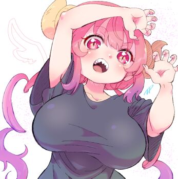 1girl black_dress breasts commentary_request dragon_girl dragon_horns dress h_renah highres horns ilulu_(maidragon) kobayashi-san_chi_no_maidragon large_breasts long_hair looking_at_viewer open_clothes red_eyes red_hair slit_pupils solo teeth upper_teeth_only