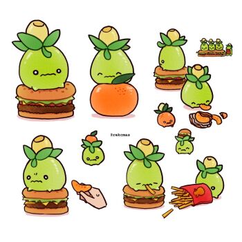 ^_^ burger closed_eyes closed_mouth commentary eating english_commentary food food_in_mouth food_on_head french_fries fruit multiple_views nintendo object_on_head open_mouth orange_(fruit) orange_slice pokemon pokemon_(creature) rekcmas sandwich simple_background sitting smoliv sweat twitter_username white_background