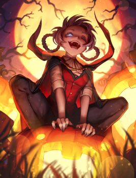 1girl absurdres ascot bare_tree black_cloak black_nails black_pants blue_eyes blurry blurry_background blurry_foreground braid breasts cloak commentary english_commentary eyelashes fangs feet_out_of_frame full_moon glowing glowing_eye grass half-closed_eyes highres light_particles long_hair looking_at_viewer moon nanakusa_nazuna_(yofukashi_no_uta) numanoan one_eye_closed open_mouth outdoors pants pumpkin purple_hair red_vest shirt sitting sleeves_rolled_up small_breasts solo teeth tongue tree twin_braids twintails vest white_ascot white_shirt yofukashi_no_uta