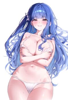 1girl absurdres arcana_(nikke) arms_under_breasts bare_shoulders blue_hair blunt_bangs blush bra breasts cleavage collarbone commentary_request covering_breasts covering_privates crescent crescent_earrings crossed_arms earrings glint goddess_of_victory:_nikke grey_eyes groin hair_intakes hair_ornament highres jewelry korean_commentary long_hair looking_at_viewer navel panties parted_lips purple_hair sidelocks simple_background smile solo stomach teeth thighs uejji underwear very_long_hair wet white_background white_bra white_panties