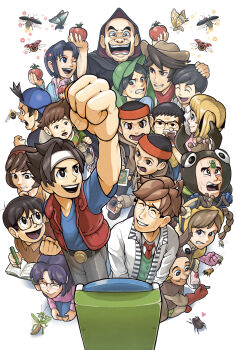 6+boys absurdres arcade_cabinet backpack backwards_hat bag bee bee_costume beetle beetle_costume black_eyes black_hair blonde_hair book brown_hair bug butterfly cake cake_slice character_request clenched_hands closed_eyes collared_shirt commentary_request everyone facial_hair firefly food fork glasses gloves hairband hat highres holding holding_food holding_fork holding_pencil insect kneeling kouchuu_ouja_mushiking ladybug multiple_boys multiple_girls mushiking one_eye_closed pencil praying_mantis purple_hair red_gloves shirt sitting tomato vest zonozonozone