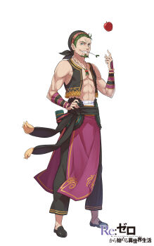 1boy abs absurdres apple armor beard black_pants black_sash black_shoes black_vest clenched_teeth collarbone commentary_request copyright_name cropped_vest dress_shoes english_text facial_hair food fruit full_body green_facial_hair green_hair hand_on_own_hip hand_up highres huge_pectorals japanese_armor jewelry kadomon_risch kote large_pectorals looking_at_viewer mature_male mouth_hold muscular muscular_male necklace official_art ootsuka_shin&#039;ichirou open_clothes open_vest pants pectorals pelvic_curtain re:zero_kara_hajimeru_isekai_seikatsu sash shoes short_hair simple_background smile solo stalk_in_mouth standing tachi-e teeth title vest white_background