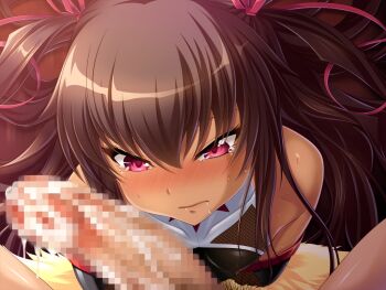 Rule 34 | 1boy, 1girl, aoi nagisa (metalder), black lilith, blush, brown hair, censored, covered erect nipples, cum, cum in mouth, cum on tongue, game cg, looking at viewer, mizuki yukikaze, mosaic censoring, open mouth, penis, pov, pubic hair, sweat, taimanin (series), taimanin yukikaze, tattoo, tears, tongue, tongue tattoo