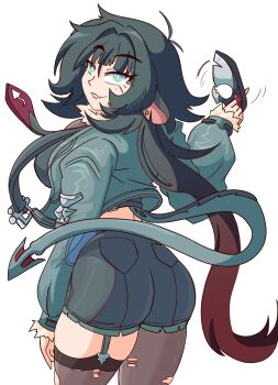 Rule 34 | 1girl, 2024, absurdres, animal ears, arm at side, ass, black hair, black shorts, breasts, brown pantyhose, brown thighhighs, coat, commentary, ear piercing, english commentary, fingernails, from behind, gradient hair, grey coat, grin, highres, holding, holding knife, index finger raised, jane doe (zenless zone zero), knife, large breasts, long hair, looking at viewer, mechanical tail, midriff peek, mole, mole under eye, mouse ears, mouse girl, mouse tail, multicolored hair, nail polish, pantyhose, piercing, prehensile tail, red hair, red nails, shorts, sideboob, single leg pantyhose, single thighhigh, sleeveless, smile, tail, thighhighs, torn clothes, torn pantyhose, torn thighhighs, two-tone hair, unlikelyturtle, zenless zone zero