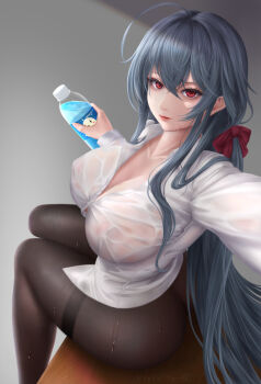 Rule 34 | 1girl, absurdres, ahoge, ass, azur lane, black hair, black pantyhose, bottle, breasts, cleavage, collared shirt, desk, from side, highres, holding, holding bottle, huge ahoge, large breasts, long hair, looking at viewer, manjuu (azur lane), nose, official alternate costume, on desk, pantyhose, parted lips, partially unbuttoned, reaching, reaching towards viewer, red eyes, see-through clothes, see-through shirt, selfie, shirt, sitting, solo, taihou (azur lane), taihou (sweet time after school) (azur lane), thighband pantyhose, very long hair, water bottle, wet, wet clothes, wet shirt, white shirt, yuzuriha (pixiv 14248010)