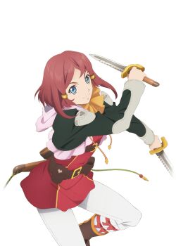Rule 34 | 1girl, artist request, bandana, black jacket, blue eyes, boots, breasts, brown boots, closed mouth, dagger, dress, feet out of frame, game cg, hair ornament, holding, holding dagger, holding knife, holding weapon, jacket, knife, looking at viewer, medium breasts, official art, pants, pink hood, red dress, red hair, rose (tales), sheath, short hair, smile, solo, tales of (series), tales of asteria, tales of zestiria, third-party source, transparent background, weapon, white pants, yellow bandana