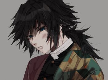 Rule 34 | 1boy, black hair, black jacket, blue eyes, buttons, commentary request, demon slayer uniform, dirty, dirty clothes, dirty face, gold buttons, grey background, haori, high collar, highres, jacket, japanese clothes, kikkoumon, kimetsu no yaiba, long hair, looking at viewer, low ponytail, male focus, parted lips, ponytail, print haori, red haori, simple background, sittte, solo, spiked hair, teeth, tomioka giyuu