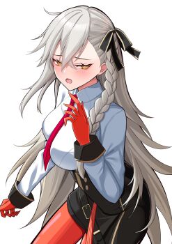 Rule 34 | 1girl, absurdres, asymmetrical bangs, black skirt, blush, breasts, collared shirt, commentary request, earrings, fate/grand order, fate (series), gloves, grey hair, hair ribbon, high-waist skirt, highres, hoop earrings, jewelry, large breasts, long hair, long sleeves, looking at viewer, necktie, nigori (keydoor), olga marie animusphere, olga marie animusphere (unbeast), open mouth, orange eyes, orange gloves, orange pantyhose, pantyhose, pencil skirt, ribbon, shirt, skirt, solo, thighs, very long hair, white shirt