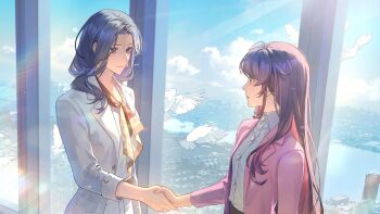 2girls animal bird blue_eyes blue_hair brown_scarf buttons closed_mouth day earrings eye_contact game_cg handshake highres holding_hands jewelry long_hair looking_at_another love_curse:_find_your_soulmate multicolored_hair multiple_girls non-web_source official_art pale_skin parted_lips pink_eyes pink_hair purple_hair ring scarf selene_yan smile two-tone_hair upper_body very_long_hair victoria_qi white_bird