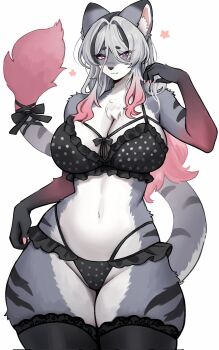 1girl animal_ear_fluff animal_ears animal_nose artist_name black_bra black_fur black_hair black_panties black_ribbon black_thighhighs bra breasts chest_tuft cleavage commentary frilled_bra frilled_panties frills furry furry_female grey_fur grey_hair highres large_breasts lingerie long_hair looking_at_viewer multicolored_fur multicolored_hair navel original panties pink_eyes pink_fur pink_hair pink_nails ribbon simple_background smile solo streaked_hair tail tail_ornament tail_ribbon thick_thighs thighhighs thighs tiger_ears tiger_girl tiger_stripes underwear untranslatable_commentary valleedolla white_background white_fur