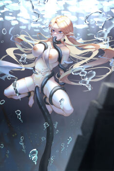 1girl blonde_hair blue_eyes breasts bubble elf large_breasts long_hair point_(artist) pointy_ears tentacles underwater underwater_sex water