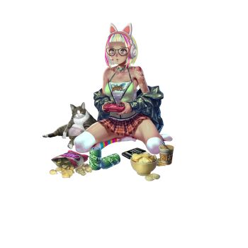 1girl animal_ear_headphones animal_ears arm_tattoo artist_request bare_shoulders bell blue_hair bowl breasts camisole can cat cellphone chips_(food) controller crystal_maiden_(series) fake_animal_ears flower_tattoo food full_body game_cg glasses green_hair grey_eyes headphones highres instant_ramen jacket jingle_bell kneeling microskirt multicolored_hair official_art phone pink_hair playing_games potato_chips sierra_(crystal_maidens) skirt socks solo tattoo transparent_background variant_set