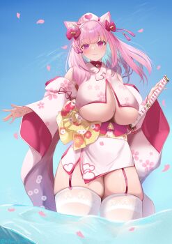 1girl absurdres amemiya_arikapu animal_ear_fluff animal_ears bare_shoulders bell blue_sky blush bow breast_curtains breasts cat_ears cat_girl cat_tail detached_sleeves floral_print floral_print_kimono hair_bell hair_ornament hair_ribbon hat highres indie_virtual_youtuber japanese_clothes jingle_bell kimono kouya_no_naga_samurai large_breasts light_smile long_hair looking_at_viewer mole mole_on_breast nurse_cap outdoors partially_submerged petals pink_eyes pink_garter_straps pink_hair pink_tail print_kimono revealing_clothes ribbon sagging_breasts skindentation sky smile solo splashing tail tail_bow tail_ornament tenshouin_himeno tenshouin_himeno_(1st_costume) thighhighs twitter_username underboob virtual_youtuber white_thighhighs