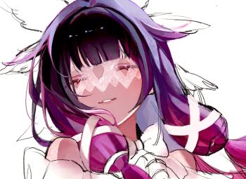 Rule 34 | 1girl, bare shoulders, black hair, bow, closed eyes, columbina (genshin impact), commentary request, eye mask, genshin impact, gradient hair, hair ribbon, head wings, highres, ibuki ememe, long hair, mask, multicolored hair, parted lips, portrait, purple hair, ribbon, simple background, sketch, solo, two-tone hair, unfinished, white background, white ribbon, wings