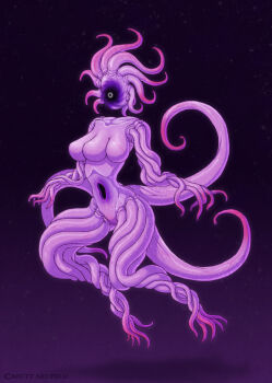 1girl alien breasts collarbone colored_skin commentary commission disembodied_head eldritch_abomination extra_breasts full_body hole_in_stomach large_breasts monster_girl multiple_tails original purple_skin rocktopus64 solo tail tentacles