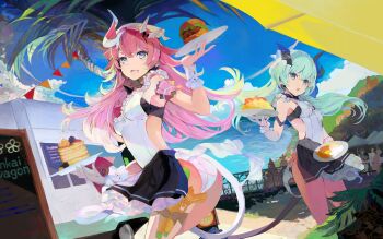 2girls :d :o absurdres aka26540655 apron ass blue_eyes blue_hair blue_sky breasts burger cloud cloudy_sky diner food hair_between_eyes hair_ornament highres holding holding_plate honkai_(series) honkai_impact_3rd horns liliya_olenyeva long_hair long_sleeves looking_afar multiple_girls ocean omelet omurice open_mouth outdoors palm_tree pancake pink_hair plate rozaliya_olenyeva siblings signpost single_horn sisters sky small_breasts smile tail tree twins waitress water_gun