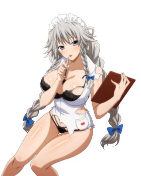1girl bare_legs black_eyes black_panties blue_bow bow breasts cleavage clipboard dress feet_out_of_frame from_above grayfia_lucifuge grey_hair hat head_tilt heart heart_print high_school_dxd large_breasts lingerie long_hair mad_kang nurse nurse_cap open_mouth panties pencil_to_face quad_braids sitting torn_clothes transparent_background underwear white_dress