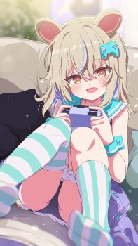 1girl :d absurdres animal_ears aqua_sailor_collar aqua_socks aqua_thighhighs asymmetrical_legwear black_one-piece_swimsuit blush brown_hair colored_inner_hair commission controller controller_hair_ornament couch dress dutch_angle frilled_sailor_collar frills game_controller highres holding holding_controller holding_game_controller light_particles loli long_hair multicolored_hair on_couch one-piece_swimsuit open_clothes open_dress open_mouth orange_eyes original purple_dress purple_hair purple_streaks sailor_collar shiro9jira single_sock single_thighhigh sitting skeb_commission smile socks solo solo_focus streaked_hair striped_clothes striped_socks striped_thighhighs swimsuit swimsuit_under_clothes thighhighs uneven_legwear vertical-striped_clothes vertical-striped_socks