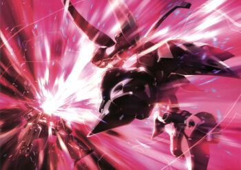 aeug artist_request battle beam_cannon duel energy energy_beam firing glowing gundam gundam_perfect_file gundam_zz highres machinery mecha mecha_focus mobile_suit neo_zeon no_humans official_art painting_(medium) qubeley robot scan scene_reference science_fiction space thrusters traditional_media zero_gravity zz_gundam