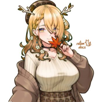 1girl alternate_hair_color antlers artist_name beret black_choker blonde_hair braid breasts brown_cardigan brown_hat brown_skirt brown_sweater cardigan ceres_fauna choker closed_mouth collarbone commentary commission earrings english_commentary eyes_visible_through_hair flower hair_flower hair_ornament hat highres holding holding_leaf hololive hololive_english horns jewelry large_breasts leaf long_hair looking_at_viewer maple_leaf mole mole_under_eye off_shoulder open_cardigan open_clothes plaid_clothes plaid_hat plaid_skirt rotomdocs simple_background skirt smile solo sweater sweater_tucked_in upper_body variant_set virtual_youtuber white_background yellow_eyes