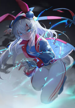 1girl a_shui absurdres animal_ears blue_hair blue_hairband blue_jacket blue_shirt blush ear_covers fingerless_gloves gloves grey_hair grin hair_between_eyes hairband highres horse_ears horse_girl horse_tail jacket long_hair looking_at_viewer open_clothes open_jacket pants shirt smile solo tail tamamo_cross_(umamusume) tamamo_cross_(with_lightning_speed)_(umamusume) umamusume white_gloves white_pants