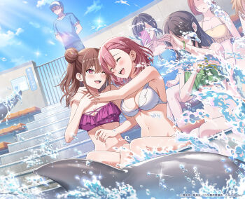 2.5_jigen_no_ririsa 2.5_jigen_no_ririsa_tenshitachi_no_stage 5girls ;d amano_ririsa bikini blue_sky blush breasts cellphone closed_eyes copyright_notice dolphin double_bun green_bikini hair_bun highres holding holding_phone hug large_breasts long_hair midriff multiple_girls navel official_art one_eye_closed open_mouth phone poolside purple_bikini purple_eyes short_hair sitting sky smartphone smile splashing stairs swimsuit tachibana_mikari teeth upper_teeth_only water white_bikini