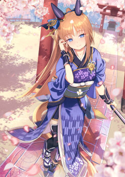 Rule 34 | 1girl, alternate costume, alternate hairstyle, animal ears, armor, black thighhighs, blue eyes, blue kimono, bracer, breastplate, brown hair, cherry blossoms, closed mouth, ear covers, floral print, floral print kimono, grass wonder (umamusume), green sash, highres, holding, holding weapon, horse ears, horse girl, horse tail, japanese armor, japanese clothes, kimono, long hair, looking at viewer, obi, ponytail, print kimono, purple sandals, sandals, sash, smile, solo, suneate, tabi, tail, thighhighs, umamusume, weapon, yomean!