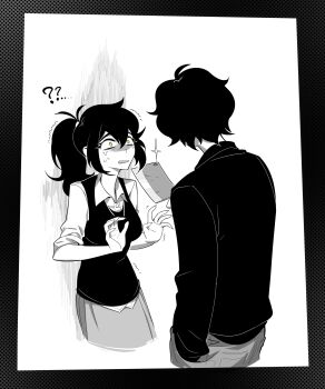 Rule 34 | 1boy, 1girl, ?, ??, absurdres, aierlaobo, andrew graves, black sweater, black vest, cleaver, green eyes, hand in pocket, highres, holding, holding cleaver, mother and son, nervous, renee graves, scared, shirt, size difference, skirt, standing, sweater, the coffin of andy and leyley, threat, vest, white shirt