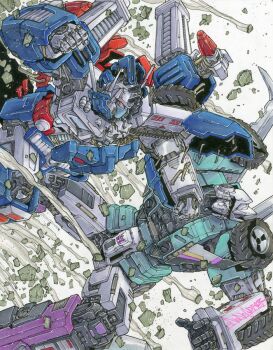2boys alex_milne autobot battle decepticon destruction face_punch fighting in_the_face insignia machine mecha mecha_focus multiple_boys no_humans punching red_eyes robot science_fiction shoulder_cannon sixshot_(transformers) the_transformers_(idw) transformers transformers:_the_headmasters ultra_magnus