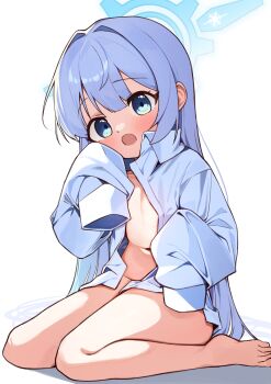 1girl blue_archive blue_eyes blue_halo cherino_(blue_archive) halo highres led_winter loli navel nude open_mouth oversized_clothes oversized_shirt shirt sitting white_background