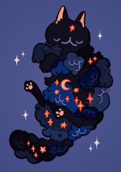 Rule 34 | :<, alt text, animal focus, black cat, black clouds, blue background, blue clouds, blue theme, cat, closed eyes, cloud, cloudy sky, color contrast, colored lineart, commentary, creature, creature focus, crescent moon, english commentary, facial mark, forehead mark, full body, highres, meyoco, moon, night, no humans, original, simple background, sky, sparkle, star (sky), star (symbol), star facial mark, starry sky