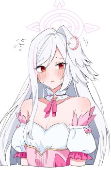 1girl bare_shoulders blue_archive blush breasts bustier cleavage corset crescent crescent_hair_ornament detached_sleeves flying_sweatdrops hair_ornament halo head_wings highres kituneginoe long_hair looking_at_viewer magical_girl medium_breasts official_alternate_costume pink_corset pink_halo raised_inner_eyebrows red_eyes single_head_wing small_sweatdrop solo suzumi_(blue_archive) suzumi_(magical)_(blue_archive) upper_body white_background white_hair wings