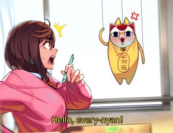 2girls ^^^ absurdres alternate_form anger_vein azumanga_daiou blonde_hair brown_hair commentary_request cosplay dandadan desk english_text from_side highres holding holding_pen indoors kami_high_school_uniform looking_at_another looking_at_viewer maneki-neko mihama_chiyo's_father mihama_chiyo's_father_(cosplay) multiple_girls necktie open_mouth orange_eyes parody pen pink_sweater red_necktie scene_reference school_desk school_uniform sitting surprised sweatdrop sweater turbo_granny_(dandadan) window yuqi_non