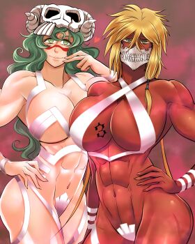 2girls abs bare_shoulders black_tape_project bleach blonde_hair breast_tattoo breasts collarbone colored_eyelashes curvy dark-skinned_female dark_skin espada green_eyes green_hair hand_on_own_hip highres large_breasts long_hair looking_at_viewer maebari mask mask_on_head medium_hair multiple_girls navel nelliel_tu_odelschwanck number_tattoo shiny_skin sidelocks skull_on_head soyuz001 stomach tattoo tier_harribel toned toned_female wide_hips