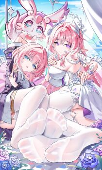 2girls absurdres blue_eyes breasts coat commentary_request cyrene_(aedes_elysiae)_(honkai:_star_rail) cyrene_(honkai:_star_rail) cyrene_(ripples_of_past_reverie)_(honkai:_star_rail) diamond-shaped_pupils diamond_(shape) dress dual_persona feet flower foot_focus halo highres honkai:_star_rail honkai_(series) jewelry jndfh large_breasts long_hair looking_at_viewer lying mem_(honkai:_star_rail) multiple_girls on_side pink_hair pointy_ears purple_coat purple_eyes ring short_hair sideboob small_breasts soles star-shaped_pupils star_(symbol) symbol-shaped_pupils thighhighs toes very_long_hair wedding_ring white_dress white_thighhighs