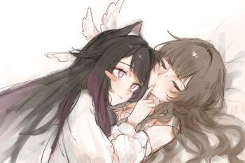 2girls black_hair blush_stickers brown_hair closed_eyes closed_mouth columbina_(genshin_impact) commentary cuddling dress genshin_impact hair_down highres long_hair lying_on_person multiple_girls purple_eyes purple_streaks sandrone_(genshin_impact) shoujolei smile sweat symbol-only_commentary unusually_open_eyes white_dress yuri