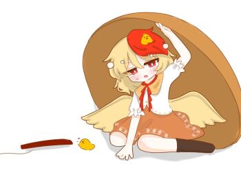 &gt;_&lt; 1girl :o animal anzu_cha709 bird bird_wings black_socks blonde_hair booby_trap capelet chicken chicken_girl commentary drop_trap hair_between_eyes hand_on_ground looking_at_viewer medium_hair multicolored_hair niwatari_kutaka open_mouth orange_capelet orange_skirt red_eyes red_hair red_ribbon ribbon shirt short_sleeves simple_background skirt socks solo sweat touhou two-tone_hair white_background white_shirt wings