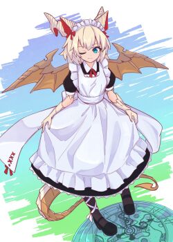 Rule 34 | 1girl, alternate costume, apron, black dress, blonde hair, blue eyes, dragon girl, dragon horns, dragon tail, dragon wings, dress, frilled apron, frills, hair ribbon, highres, horns, kokutei n, maid, maid apron, maid headdress, myr (p&amp;d), one eye closed, puffy sleeves, puzzle &amp; dragons, ribbon, short hair, solo, tail, waist apron, white apron, wings
