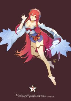 1girl :d absurdres bare_shoulders blush breasts chinese_clothes cleavage collarbone copyright_request detached_sleeves english_text female_focus full_body gloves haiku hair_between_eyes head_wreath highres long_hair long_sleeves looking_at_viewer medium_breasts mirror open_mouth poem red_eyes red_hair smile socks solo sunshine_(1638509769) very_long_hair white_gloves white_socks wide_sleeves