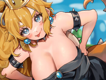 >:) 1girl :p armlet bare_shoulders black_collar black_dress blonde_hair blue_eyes blurry blurry_background blush bowsette breasts cleavage collar crown day dress earrings fangs fangs_out hair_between_eyes hands_on_own_hips highres jewelry large_breasts leaning_to_the_side long_hair looking_at_viewer mario_(series) new_super_mario_bros._u_deluxe nintendo outdoors slit_pupils smile solo spiked_armlet spiked_collar spiked_shell spiked_tail spikes strapless strapless_dress super_crown tail tongue tongue_out turtle_shell uchisaki_himari upper_body v-shaped_eyebrows