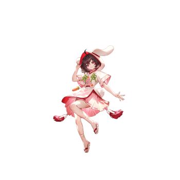 1girl :3 ahoge alternate_costume animal_ears bamboo black_hair brown_hair carrot closed_mouth dress ears_through_headwear floppy_ears full_body game_cg highres hood hood_up inaba_tewi looking_at_viewer non-web_source official_art pink_dress rabbit rabbit_ears rabbit_girl rabbit_tail red_eyes ribbon_trim sandals second-party_source short_sleeves smile socks solo tail tassel touhou touhou_gensou_eclipse transparent_background u_u_zan white_socks zouri
