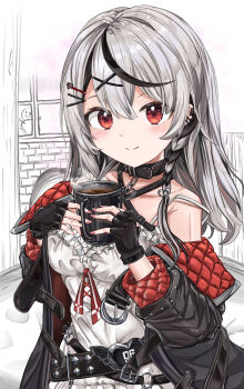 1girl absurdres bare_shoulders belt black_gloves black_hair braid breasts choker commentary_request cup dot_nose drink fingerless_gloves frills gloves grey_hair hair_between_eyes hair_ornament heart heart_choker heart_hair_ornament highres holding holding_cup hololive large_breasts light_blush long_hair long_sleeves looking_at_viewer multicolored_hair red_eyes sakamata_chloe sakamata_chloe_(1st_costume) shiroshima_hibiki simple_background smile virtual_youtuber x_hair_ornament